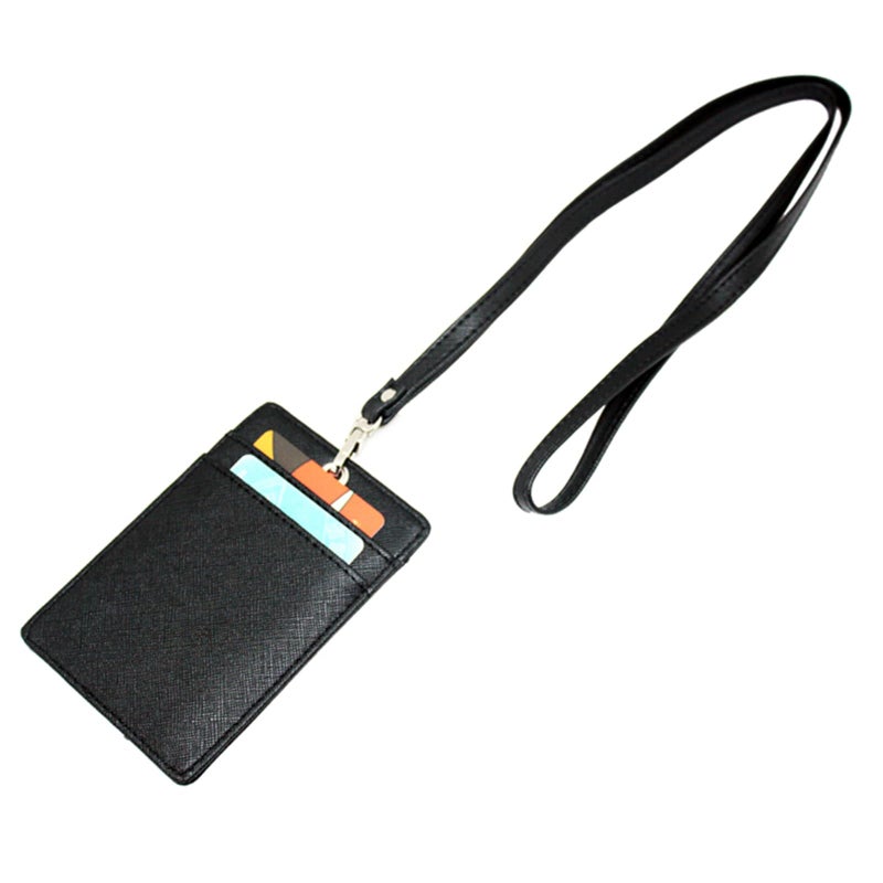 Boshiho Vertical Style Leather ID Card Badge Holder with Heavy Duty Lanyard (Black 2) - Image 2